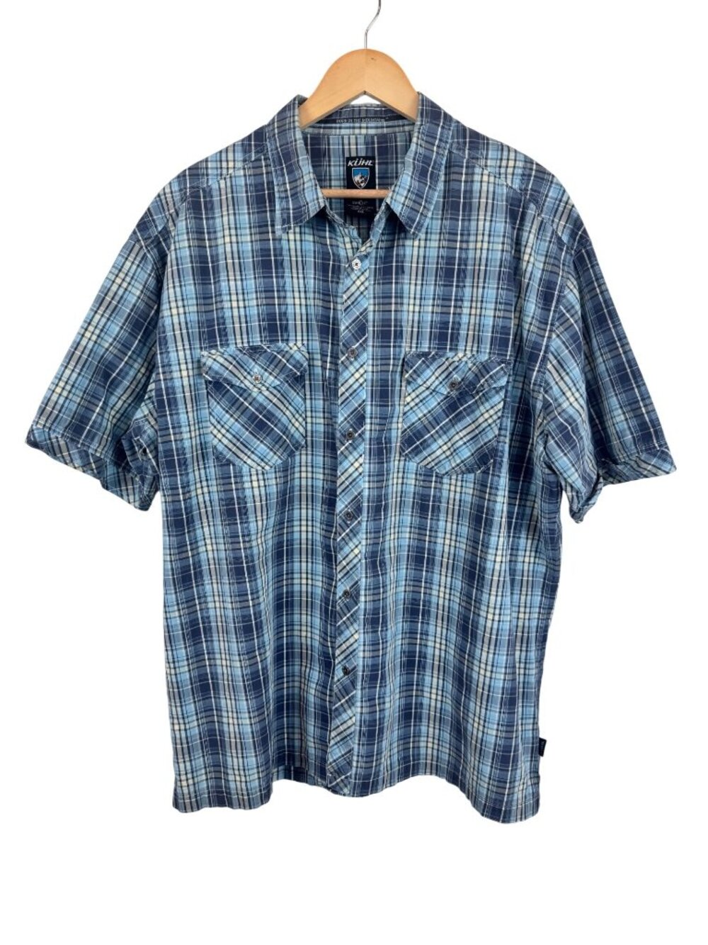 Kühl Mens XXL Plaid Short-Sleeve Button-Up Shirt Blue Cotton Tencel Blend